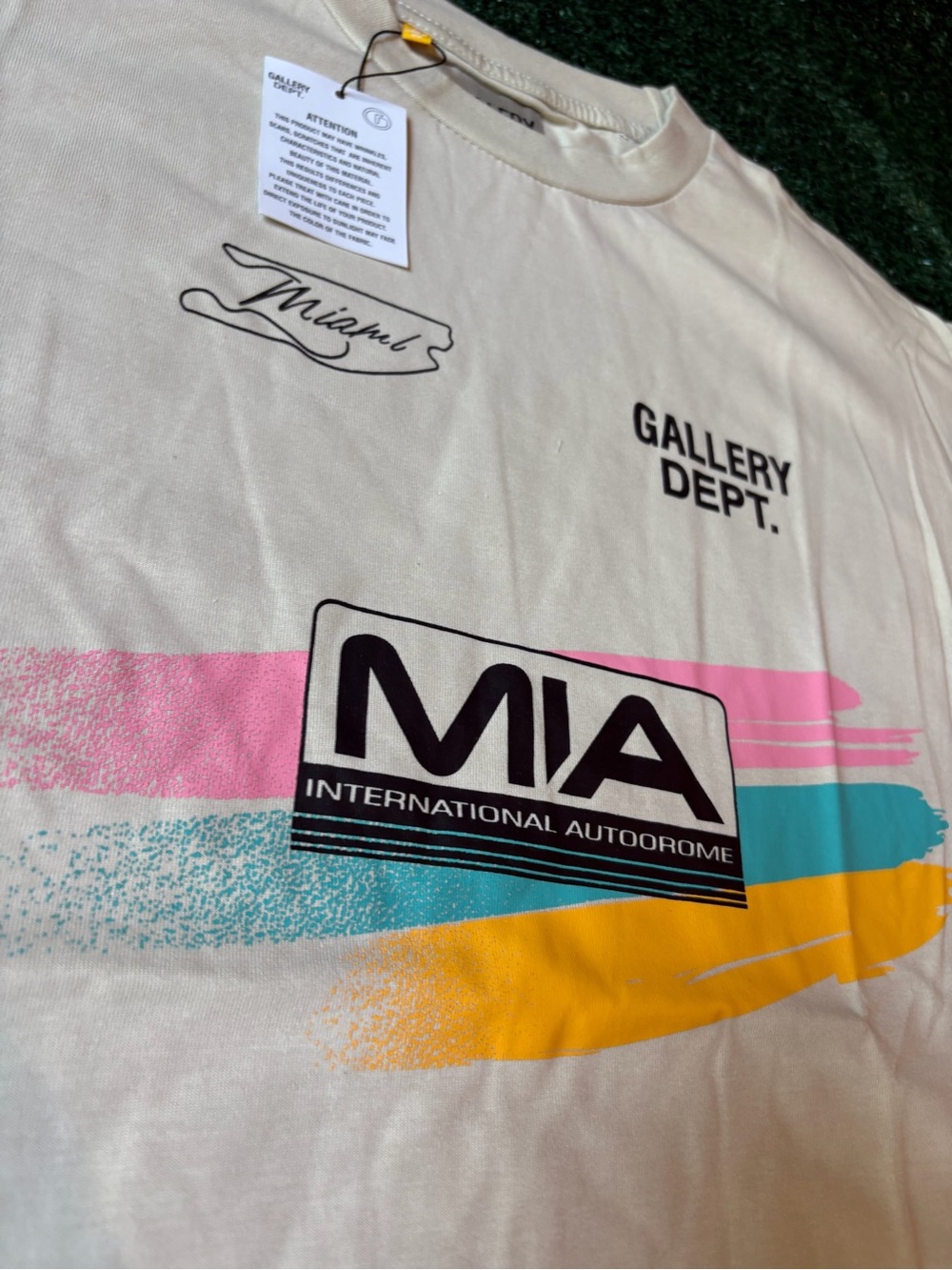 Gallery Dept Cream MIA Graphic Short Sleeve Tee with Multicolor Stripe - Picture 2 of 10